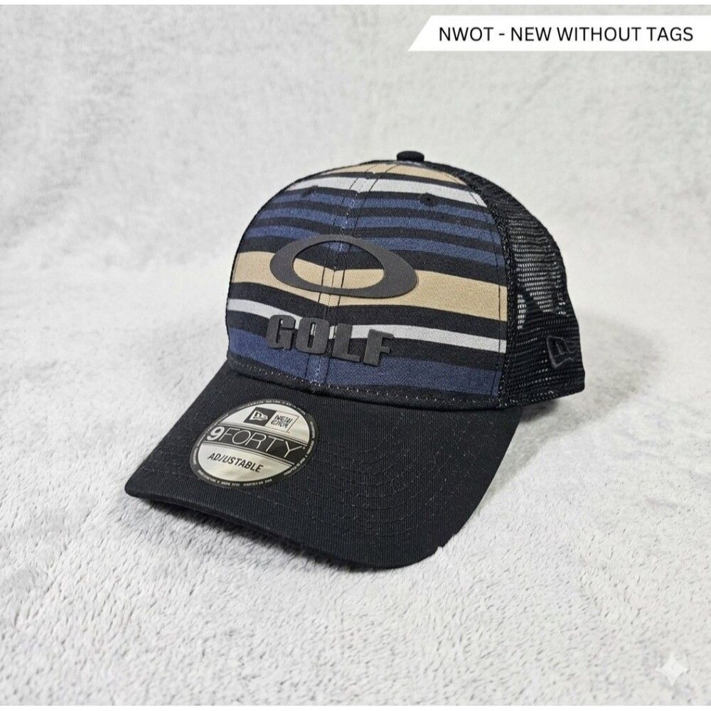 Oakley x New Era 9FORTY Golf Hat Snapback Trucker Striped Blue Beige NWOT